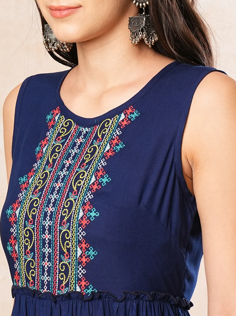 globus Women Embroidered Yoke Tiered Fit & Flare Maxi Dress