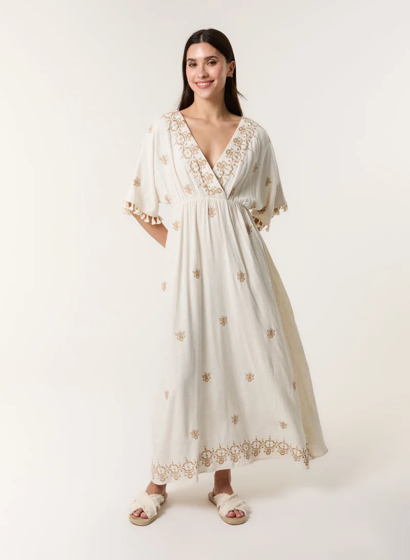 Blue Vanilla Embroidered Tassel Sleeve Maxi Dress