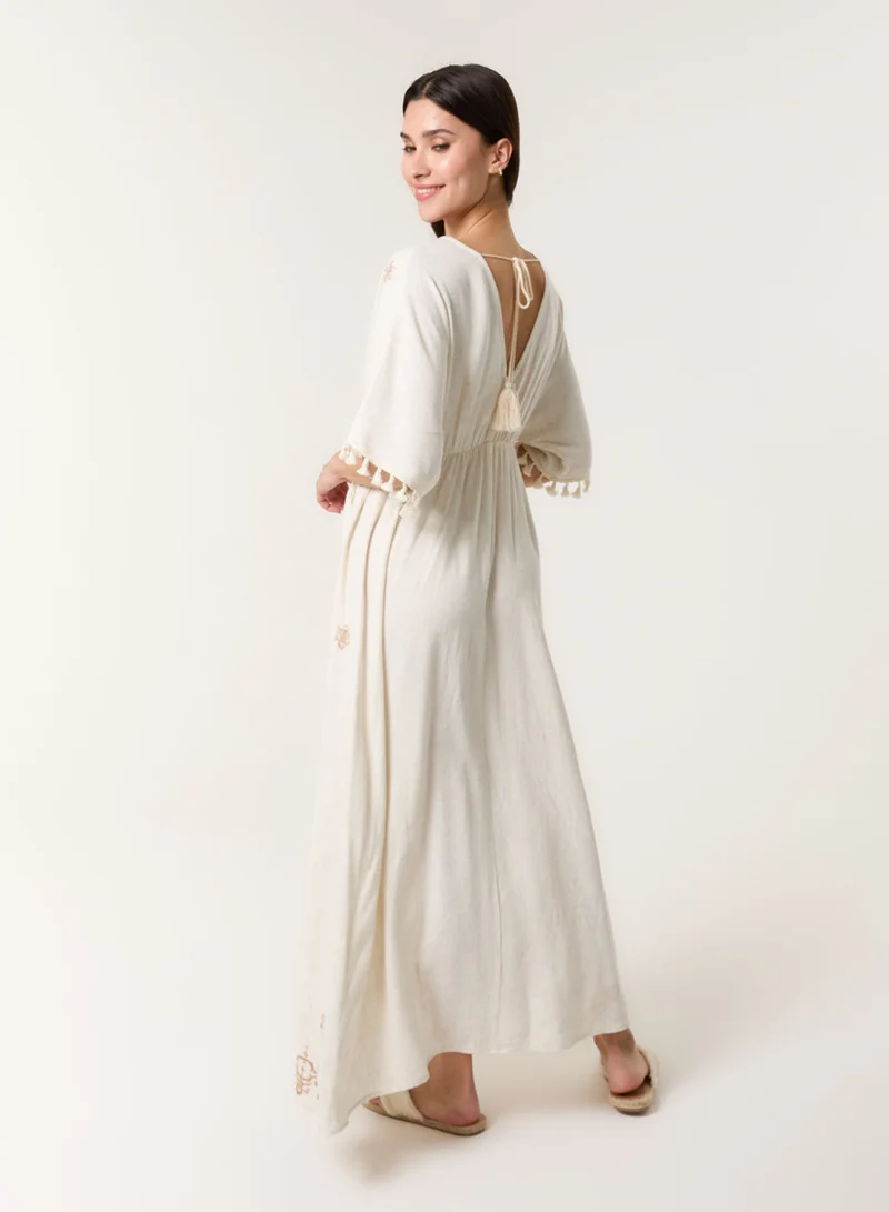 Blue Vanilla Embroidered Tassel Sleeve Maxi Dress