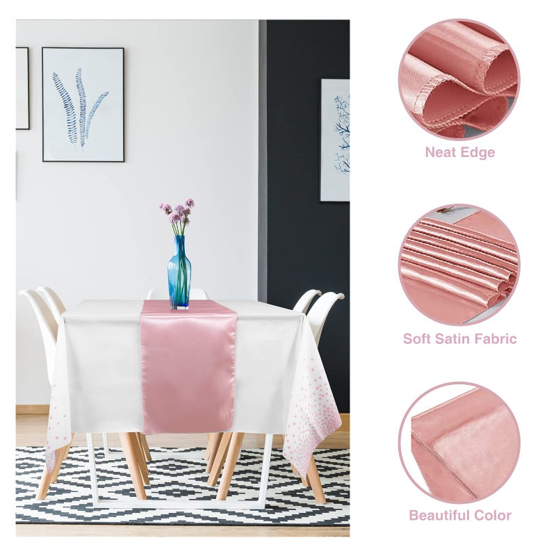 MASHAN 8Pack Disposable Plastic Tablecloths and Satin Table Runner Set White and Rose Gold Dot Tablecloth Rose Gold Satin Table Runner for Wedding Birthday Anniversary Christmas New Year Party Decorations - Image 3