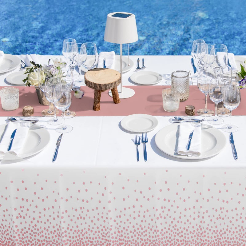 MASHAN 8Pack Disposable Plastic Tablecloths and Satin Table Runner Set White and Rose Gold Dot Tablecloth Rose Gold Satin Table Runner for Wedding Birthday Anniversary Christmas New Year Party Decorations - Image 5