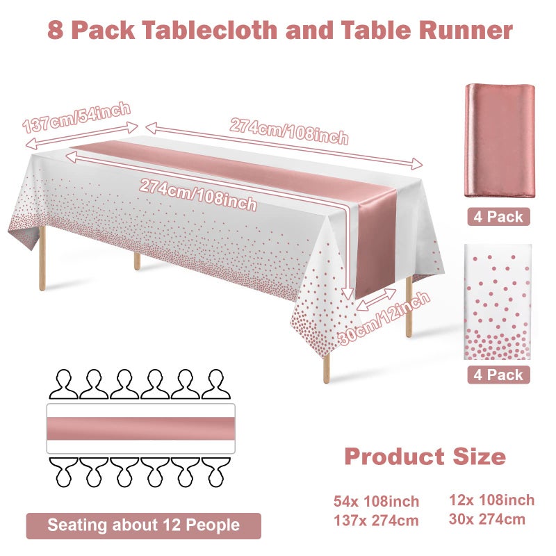 MASHAN 8Pack Disposable Plastic Tablecloths and Satin Table Runner Set White and Rose Gold Dot Tablecloth Rose Gold Satin Table Runner for Wedding Birthday Anniversary Christmas New Year Party Decorations - Image 2