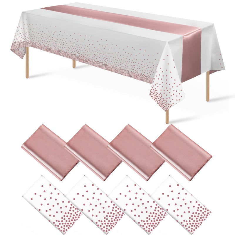 MASHAN 8Pack Disposable Plastic Tablecloths and Satin Table Runner Set White and Rose Gold Dot Tablecloth Rose Gold Satin Table Runner for Wedding Birthday Anniversary Christmas New Year Party Decorations - Image 1