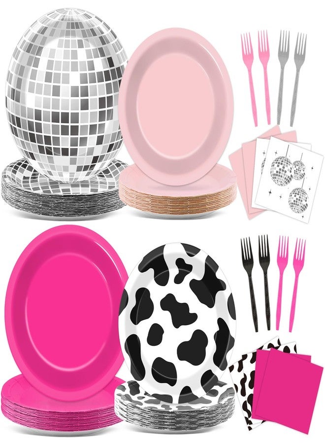 CHUNNIN 96PCS Western Cowgirl Party Plates and Napkins Cowgirl Disco Party Supplies Cow Print Themed Dessert Paper Cake Plates Hot Pink Ball Tableware for 24 Guests Girls Birthday 80s 90s Disco Decorations - Image 1