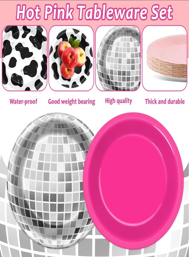 CHUNNIN 96PCS Western Cowgirl Party Plates and Napkins Cowgirl Disco Party Supplies Cow Print Themed Dessert Paper Cake Plates Hot Pink Ball Tableware for 24 Guests Girls Birthday 80s 90s Disco Decorations - Image 3