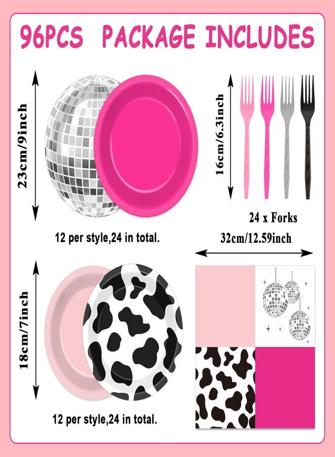 CHUNNIN 96PCS Western Cowgirl Party Plates and Napkins Cowgirl Disco Party Supplies Cow Print Themed Dessert Paper Cake Plates Hot Pink Ball Tableware for 24 Guests Girls Birthday 80s 90s Disco Decorations - Image 2