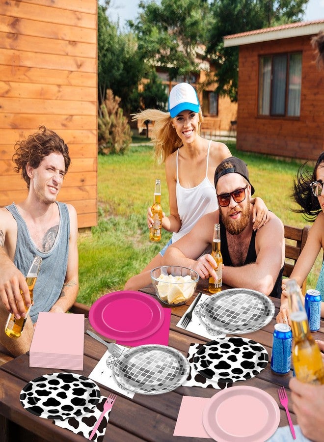 CHUNNIN 96PCS Western Cowgirl Party Plates and Napkins Cowgirl Disco Party Supplies Cow Print Themed Dessert Paper Cake Plates Hot Pink Ball Tableware for 24 Guests Girls Birthday 80s 90s Disco Decorations - Image 5