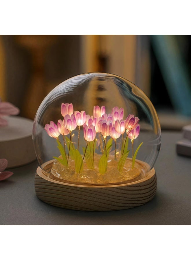 Birthday Mother's Day Gifts for Mom Birthday 16 blush-purple Tulip Night Light LED Decoration Lamp Glass Artificial Flower Bedroom Table Lamp, Lady Girlfriend Wife Sister Girl Pink Tulips Artificial Flowers real - Image 1