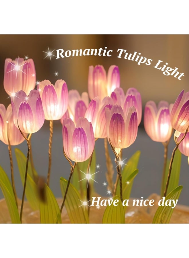 Birthday Mother's Day Gifts for Mom Birthday 16 blush-purple Tulip Night Light LED Decoration Lamp Glass Artificial Flower Bedroom Table Lamp, Lady Girlfriend Wife Sister Girl Pink Tulips Artificial Flowers real - Image 3