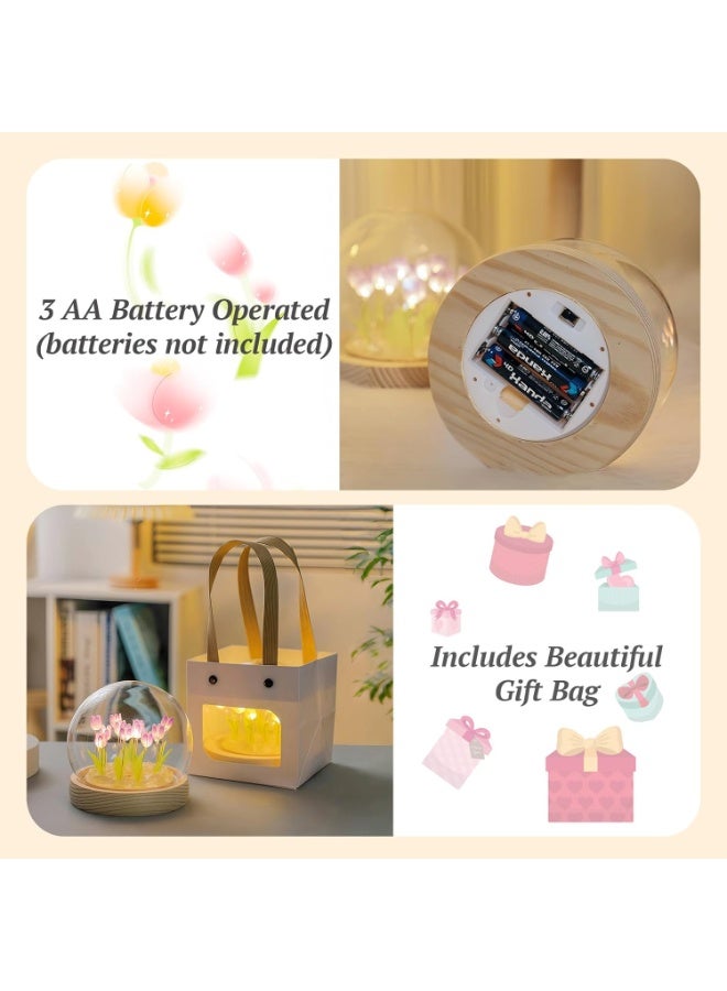 Birthday Mother's Day Gifts for Mom Birthday 16 blush-purple Tulip Night Light LED Decoration Lamp Glass Artificial Flower Bedroom Table Lamp, Lady Girlfriend Wife Sister Girl Pink Tulips Artificial Flowers real - Image 2