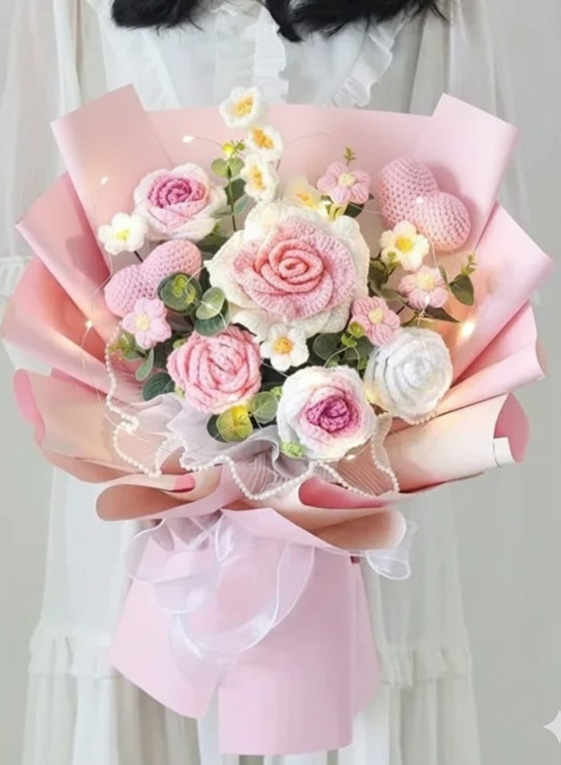 i diD New Creative Handmade Knitting Large Bouquet Flowers Cotton Crochet Flowers with LED Lights in Clear Bag, Suitable for valantine's Day ,Wedding , Birthday, Mother's Day, Women's Day, Rose Color All Events - Image 1