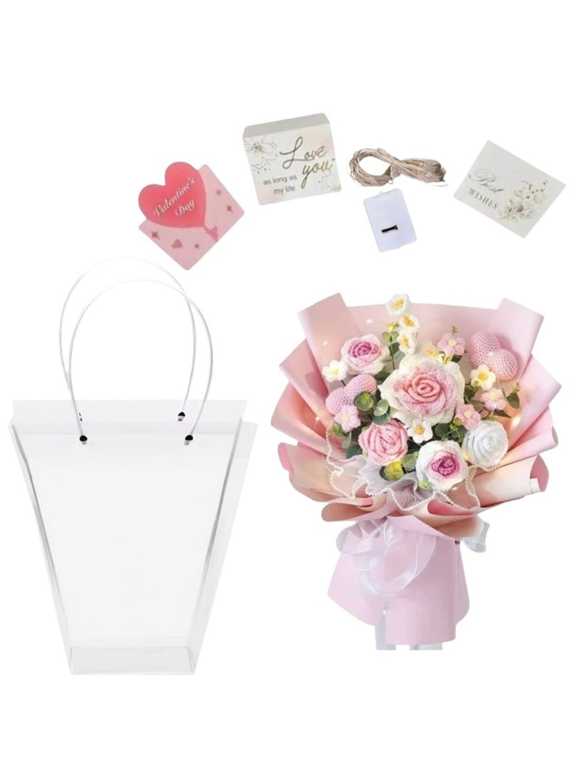 i diD New Creative Handmade Knitting Large Bouquet Flowers Cotton Crochet Flowers with LED Lights in Clear Bag, Suitable for valantine's Day ,Wedding , Birthday, Mother's Day, Women's Day, Rose Color All Events - Image 2