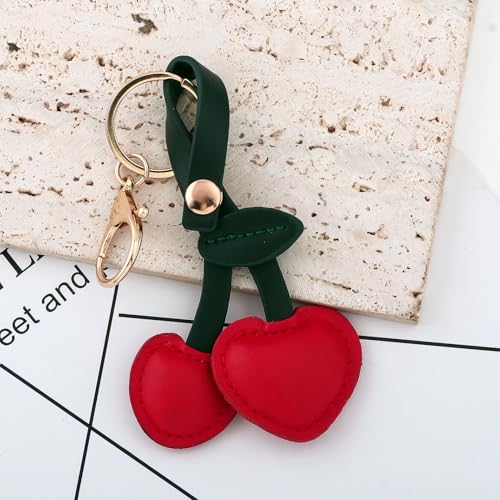 SORGERLY Cherry Bag Charm Keychain - Cute Purse Handbag Fruit Accessories - Beautiful Birthday Gift for Women (Red leather cherry) - Image 2