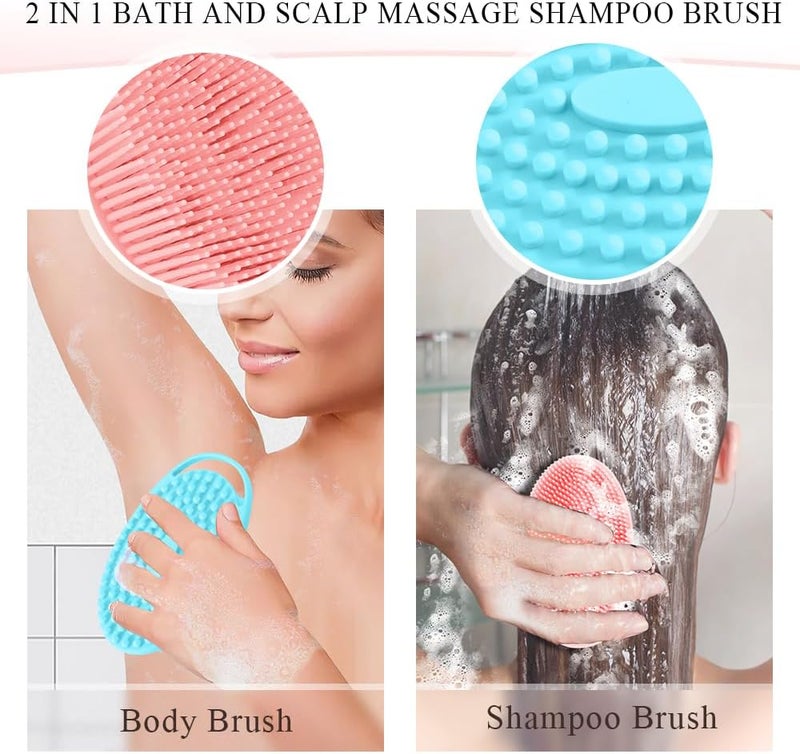 KQNBI Silicone Body Scrubber 2 Pack - 2 in 1 Exfoliating Loofah With Handle, Bath Scrubber, Scalp Massager and Shampoo Brush - Image 5