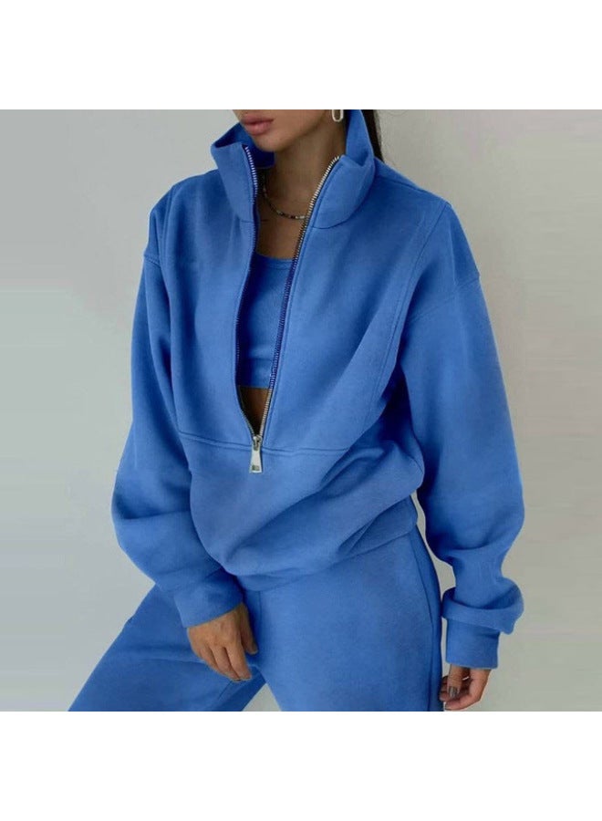 European And American Step Into Fashion Street Hipster Leisure Sports Zipper Fleece Sweater Sweatpants Two-piece Set