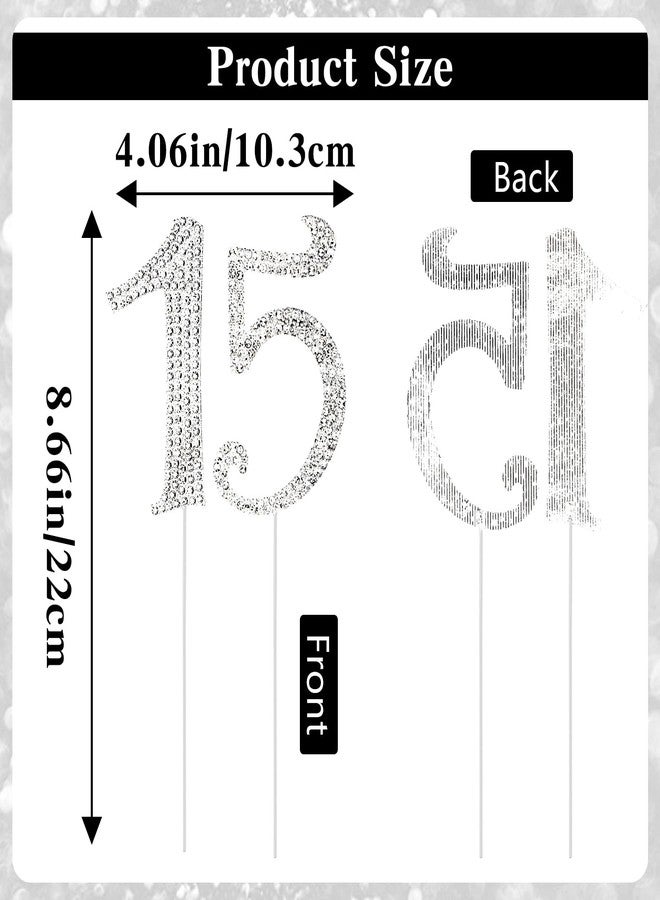 Heclia 2 PCS Number 15 Birthday Cake Topper for 15th Birthday Big Topper Number with Bling Crystal Rhinestone Girls Anniversary Party Decoration, Cupcake Centerpieces Toppers, 8.66 × 4.06 In - Silver - Image 2