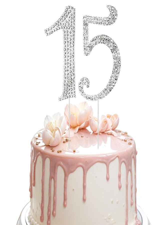 Heclia 2 PCS Number 15 Birthday Cake Topper for 15th Birthday Big Topper Number with Bling Crystal Rhinestone Girls Anniversary Party Decoration, Cupcake Centerpieces Toppers, 8.66 × 4.06 In - Silver - Image 1