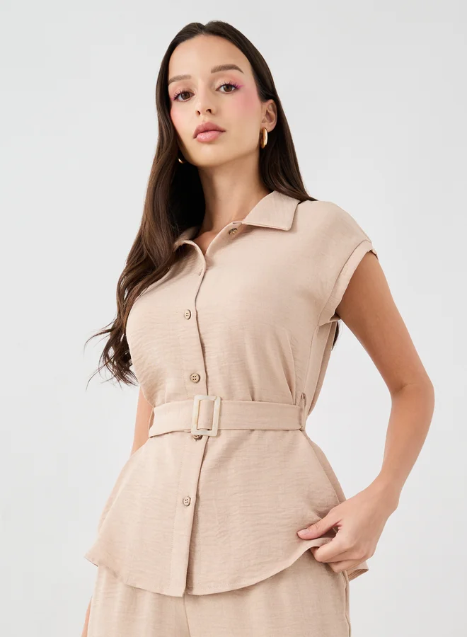 تايك تو Take Two Spread Collar Belted Top with Pants Co-Ords