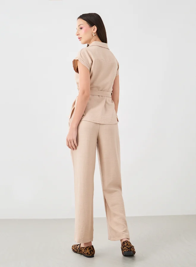 Take Two Take Two Spread Collar Belted Top with Pants Co-Ords