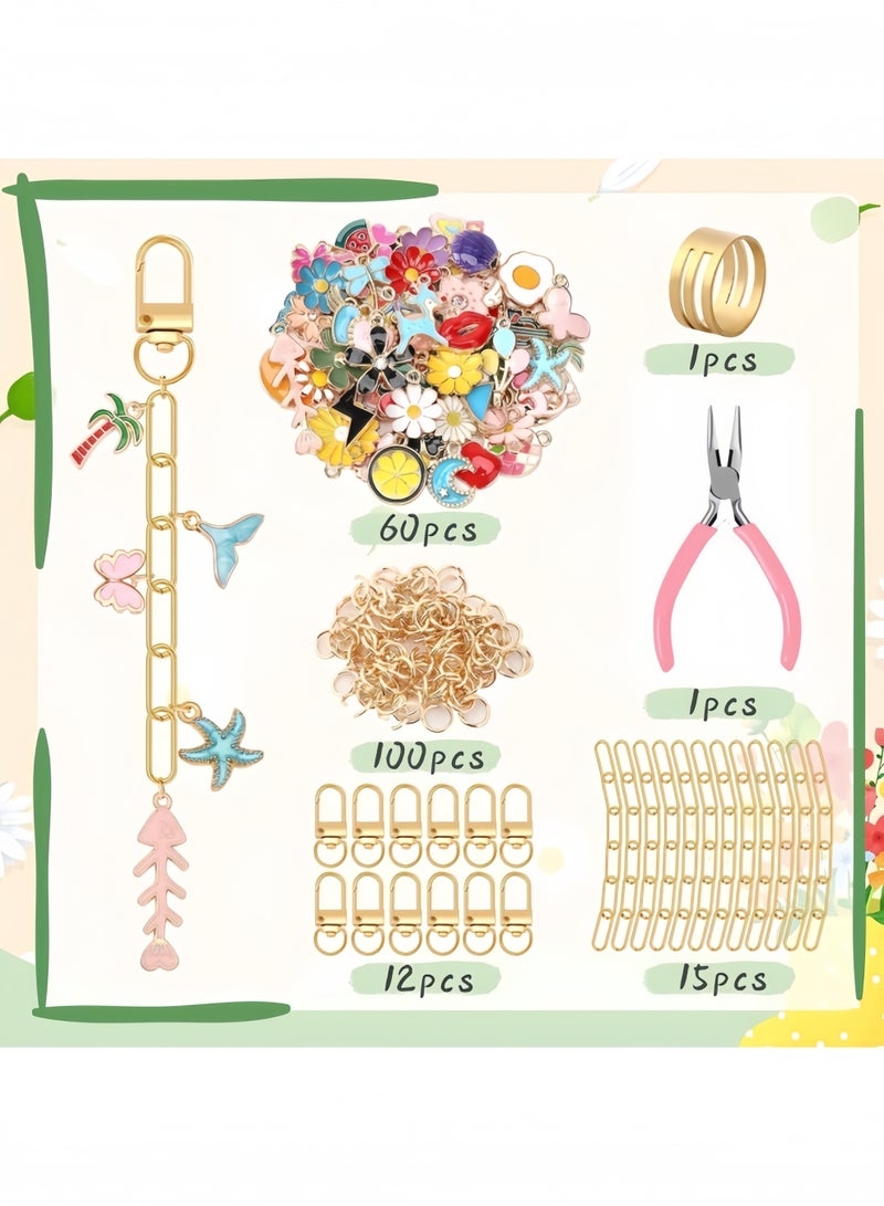 189Pcs Keychain Making Kit, Charm Jewelry Chain Making Crafts Including 60 Charms 12 Keychain Clips Hooks 15 Extender Chains 100 Jump Ring and Jewelry Plier for Crafts Accessories - Image 2