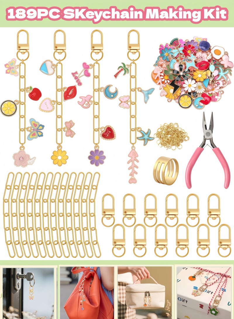 189Pcs Keychain Making Kit, Charm Jewelry Chain Making Crafts Including 60 Charms 12 Keychain Clips Hooks 15 Extender Chains 100 Jump Ring and Jewelry Plier for Crafts Accessories - Image 1