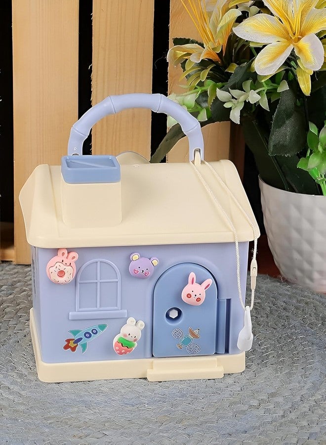 RETRIX House Shaped Piggy Bank for Kids with 3D Steaker - Cute Money Saving Box with Lock & Keys - Home Style Coin & Cash Bank with Handle - Best Gift for Girls & Boys (Blue) - Image 5