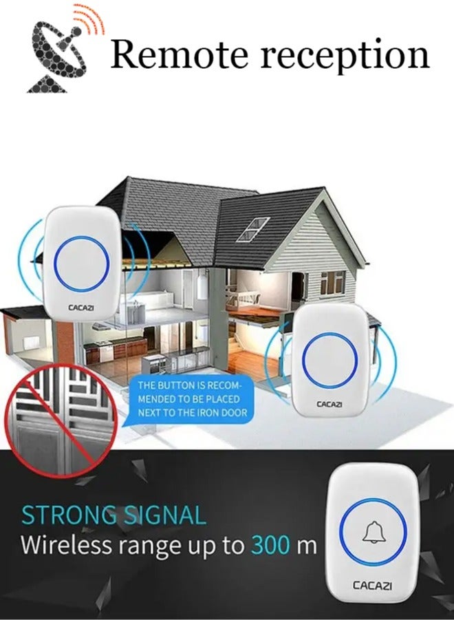 CACAZI Waterproof Wireless Doorbell with LED Flash, Over 1000 Feet Range, 60 Sounds and 5 Levels of Volume, Cordless Doorbell for Home, Office, Apartment, Hotel, Warehouse and Anti-Theft White - Image 2