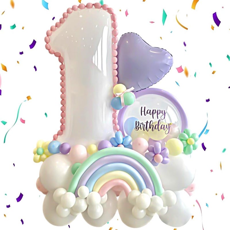 NALACAL 1st عيد ميلاد بالون مجموعة 32 رقم 1 رقائق معدنية بالون أبيض الباستيل استحمام الطفل أطفال ديكورات الحفلات - Image 2