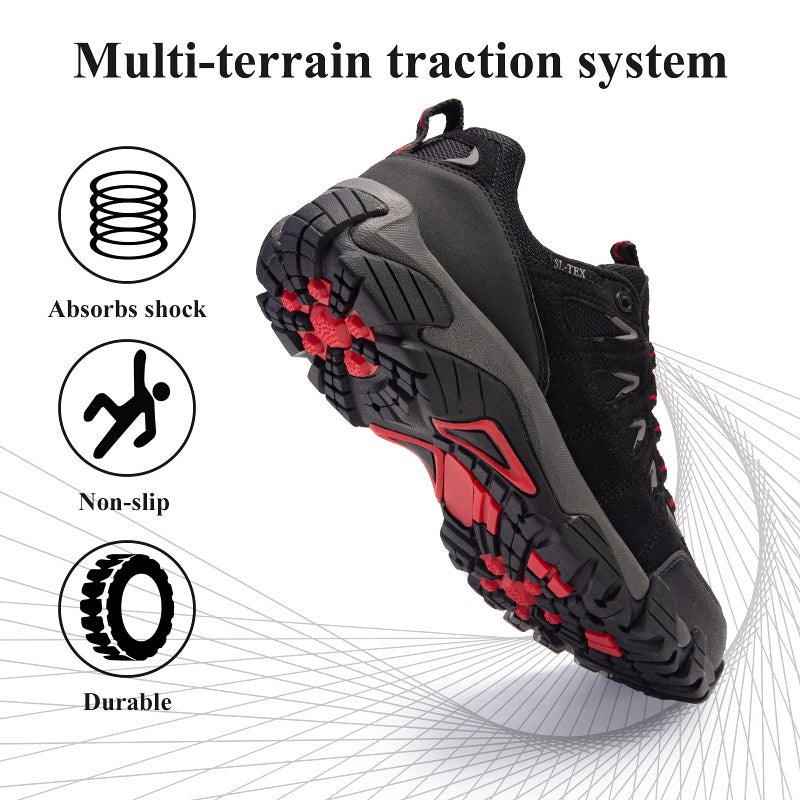 SHULOOK Men's Waterproof Hiking Shoes Lightweight Anti Slip Outdoor Ankle Boots Breathable Hike Trekking Trails Shoe Black/Red 14 - Image 4