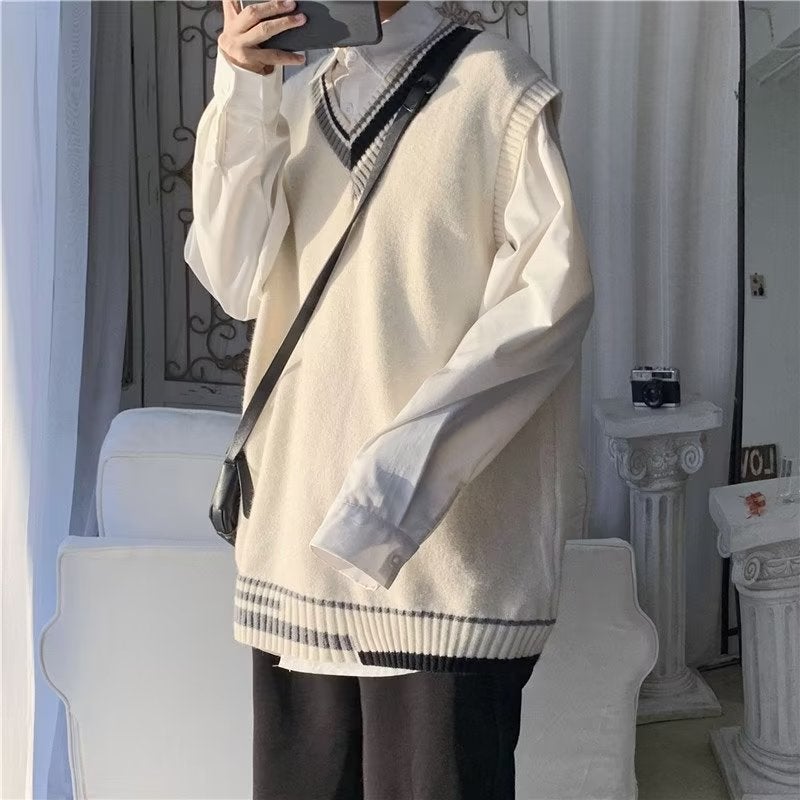 Knit V-Neck Sleeveless Vest Mens Fall 2024 Sweater Waistcoat Apricot 