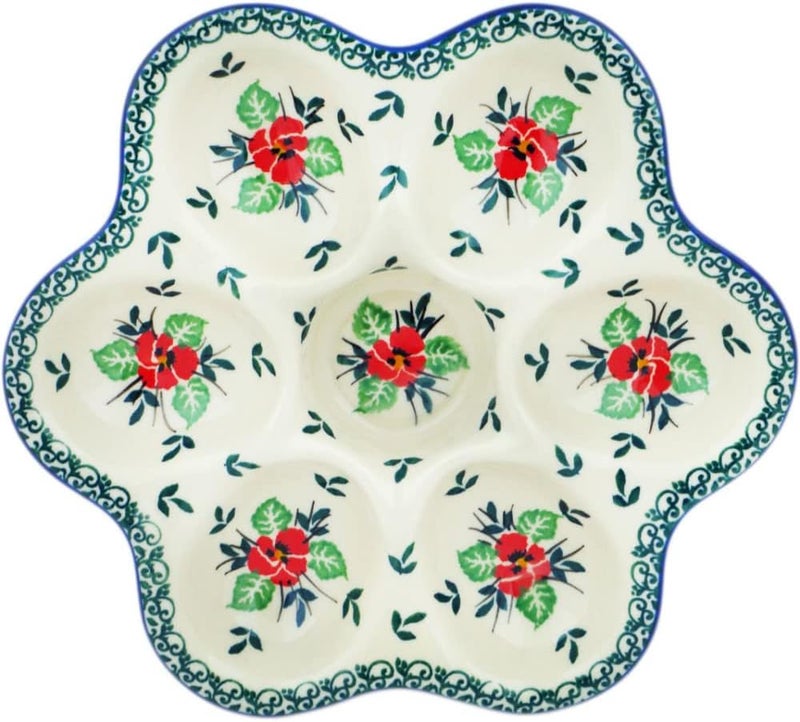 Polmedia Polish Pottery طبق بيض بورتلندي 8 بوصة مصنوع من سيراميكا أرتيستشينا بتصميم البانسي الأحمر مع شهادة الأصالة - Image 2