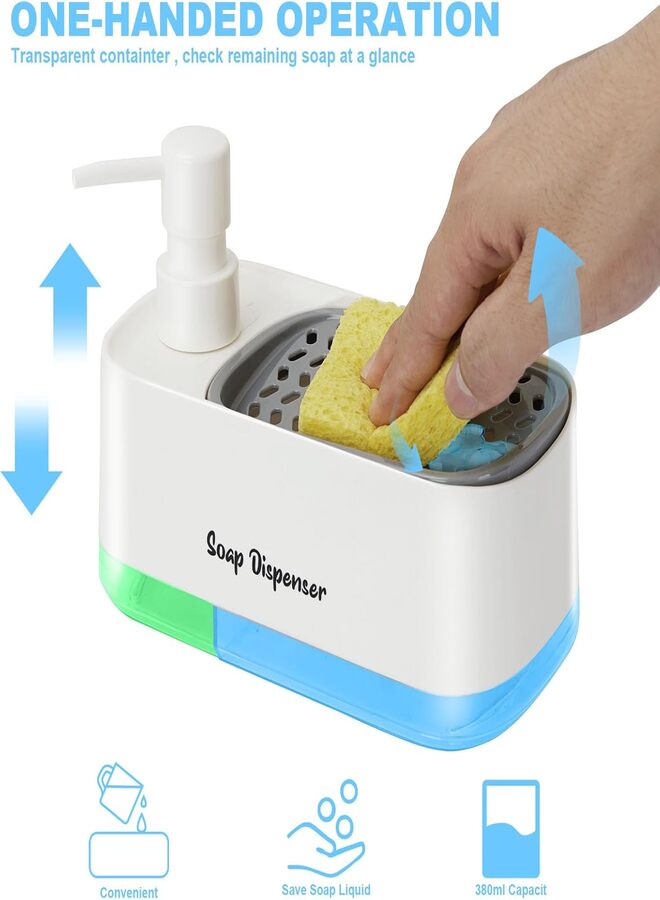 SUKILO Kitchen Dish Soap Dispenser Set, 2-in-1 Countertop Hand and Dish Soap Dispenser with Sponge Holder, White ABS Dual Chamber Dispenser for Kitchen Sink & Bathroom Countertop Organizer  - Image 2
