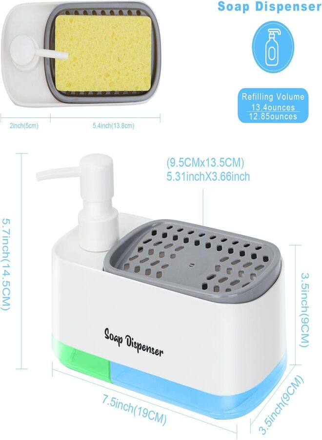SUKILO Kitchen Dish Soap Dispenser Set, 2-in-1 Countertop Hand and Dish Soap Dispenser with Sponge Holder, White ABS Dual Chamber Dispenser for Kitchen Sink & Bathroom Countertop Organizer  - Image 3