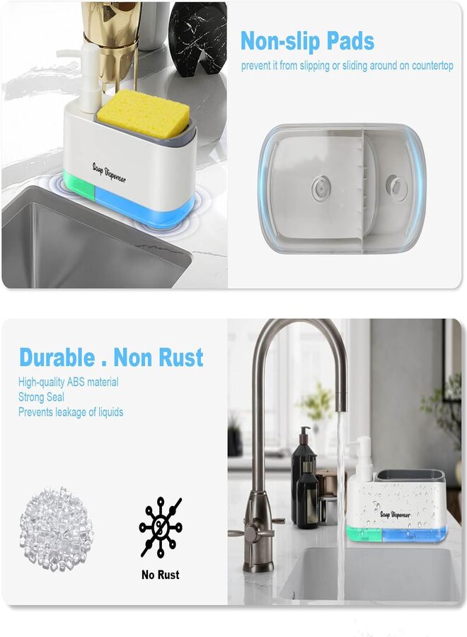 SUKILO Kitchen Dish Soap Dispenser Set, 2-in-1 Countertop Hand and Dish Soap Dispenser with Sponge Holder, White ABS Dual Chamber Dispenser for Kitchen Sink & Bathroom Countertop Organizer  - Image 5