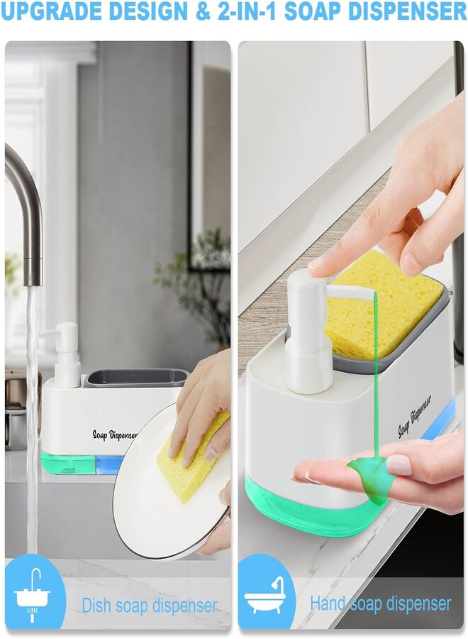 SUKILO Kitchen Dish Soap Dispenser Set, 2-in-1 Countertop Hand and Dish Soap Dispenser with Sponge Holder, White ABS Dual Chamber Dispenser for Kitchen Sink & Bathroom Countertop Organizer  - Image 4