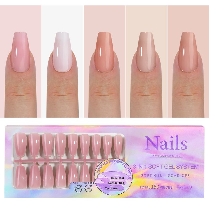 5 Colors Soft Gel Nail Tips Pre-applied Base Coat & Tip Primer Pre-made Fake Nails 15 Sizes False Nail Tips for Nail Art DIY - Image 1
