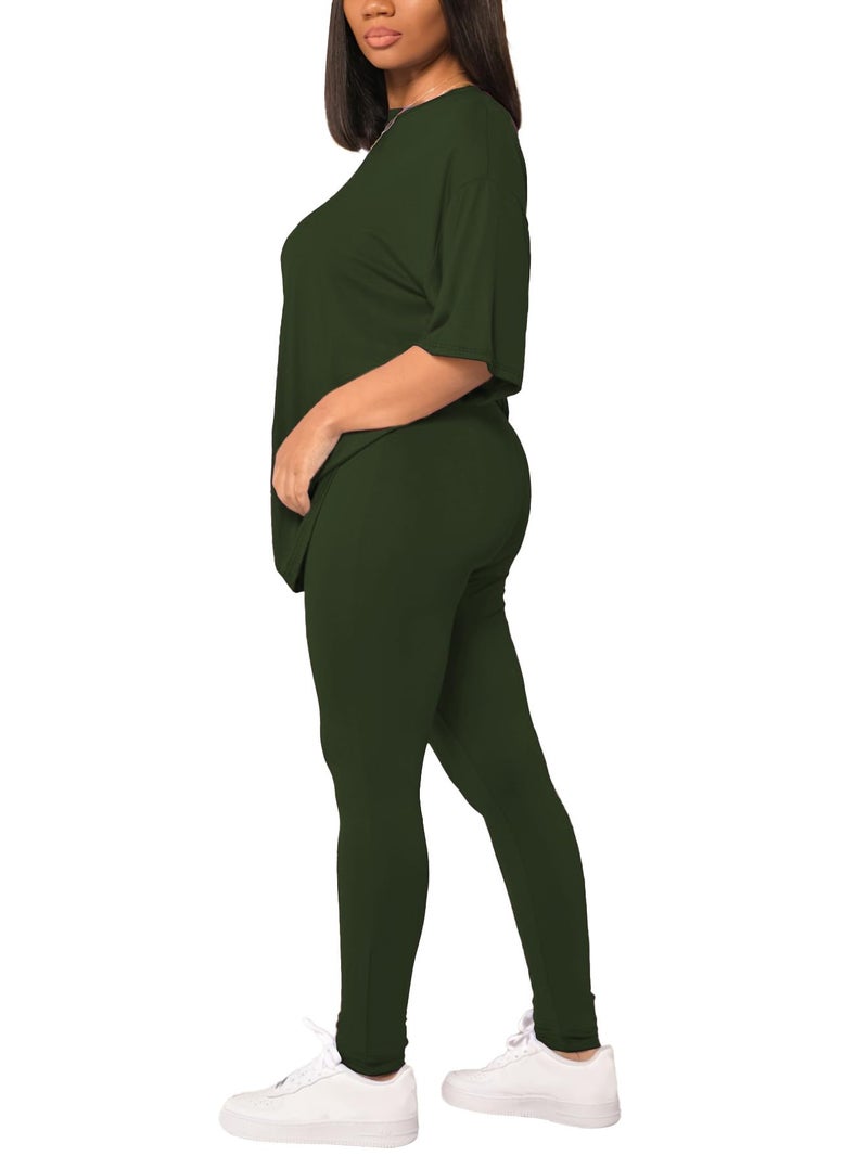 HBQ Women's Two Piece Outfits Summer Sweatsuits Drop Shoulder Tracksuits Biker Short Workout Jogger Sets Army Green M - Image 3