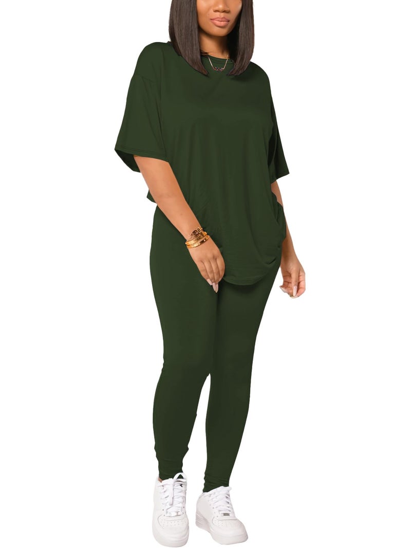 HBQ Women's Two Piece Outfits Summer Sweatsuits Drop Shoulder Tracksuits Biker Short Workout Jogger Sets Army Green M - Image 2