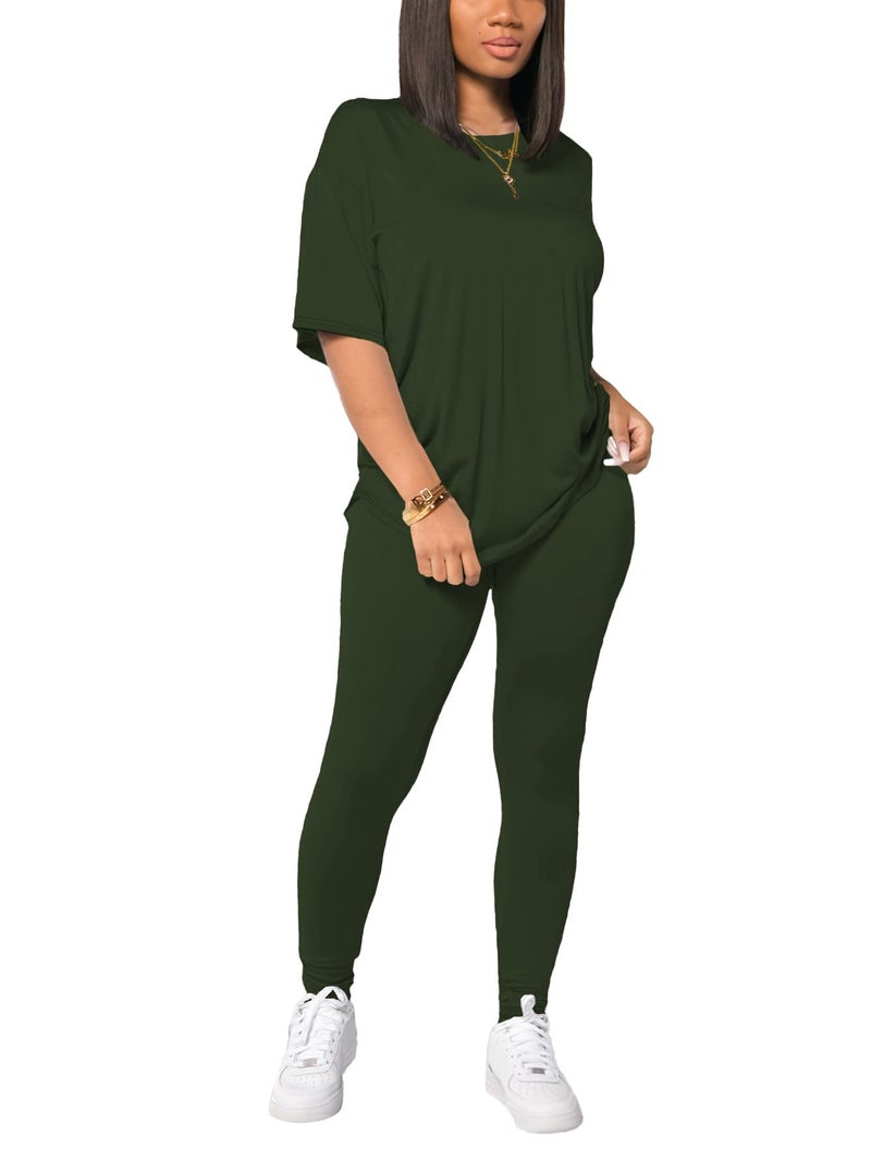 HBQ Women's Two Piece Outfits Summer Sweatsuits Drop Shoulder Tracksuits Biker Short Workout Jogger Sets Army Green M - Image 5