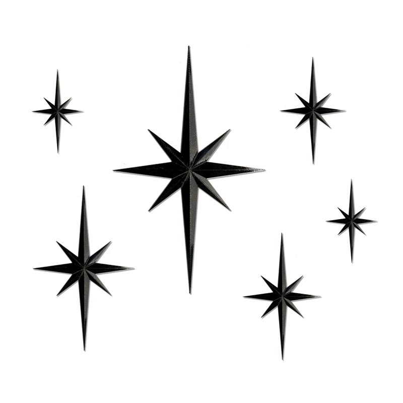 Stylor Mid Century Modern Decor, Mcm Retro 3D Star Art Wall Sculpture, Plastic Starburst Decor, Vintage Celestial Whimsigoth Home Decor Accent. (Set of 6, Black) - Image 1