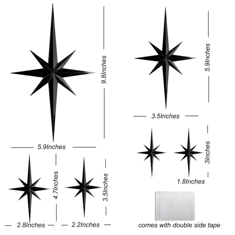 Stylor Mid Century Modern Decor, Mcm Retro 3D Star Art Wall Sculpture, Plastic Starburst Decor, Vintage Celestial Whimsigoth Home Decor Accent. (Set of 6, Black) - Image 2