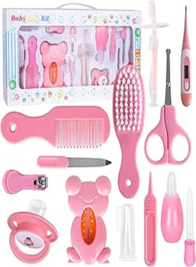 Joyeee Baby Grooming Kit Newborn for Girl, 13 Piece Baby Essentials Deluxe Baby Healthcare Kit with Baby Nail Clipper, Nose Cleaning Tweezer, Baby Hairbrush & Comb Set and More, Pink #16