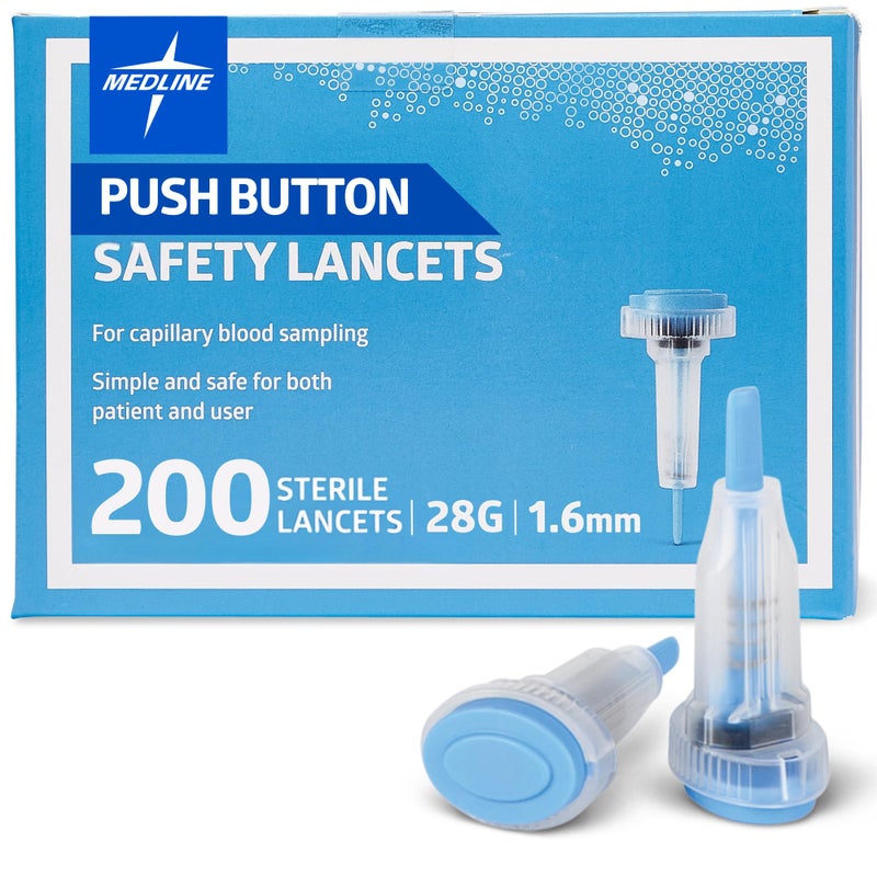 Medline Sterile Safety Lancets, Push-Button Activation, Blood Glucose Testing, Controlled Penetration, 28G x 1.6 mm, 200 Count - Image 1