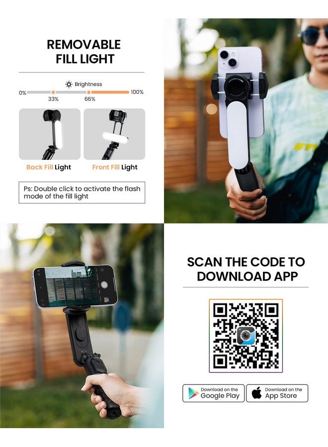 ESSAGER ESSAGER Gimbal Stabilizer with Detachable Fill Light for iPhone Android Smart Phone, Extendable Portable 1-Axis Selfie Stick Tripod with Wireless Remote with 360°Automatic Rotation  - Image 4