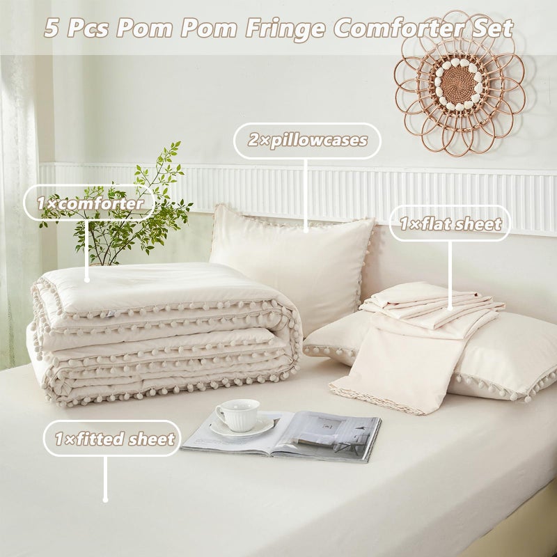 PERFEMET Girls Comforter Set Twin Size Beige Cream 5 Pieces Boho Pom Pom Bed in A Bag with Sheets Ultra Soft Lightweight Fluffy Beige Solid Bedding Set Matching 2 Pillowcases(Beige Cream, Twin) - Image 3