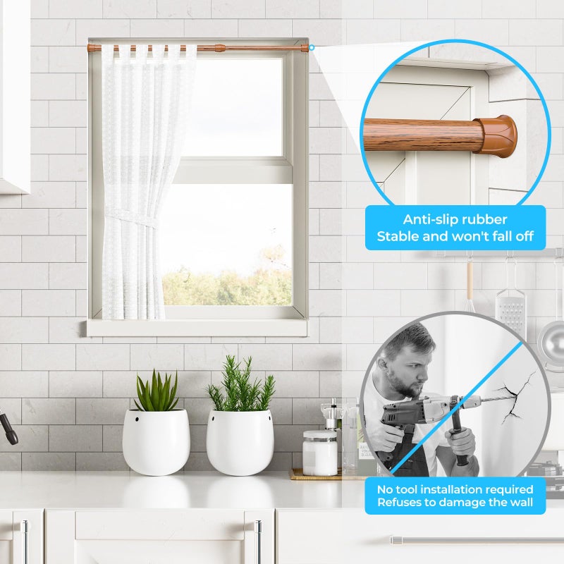 AIZESI 2PCS Curtain Rods Small Tension Rod 17 to 28 Inch Extendable Spring Curtain Rods Wood Color Tension Curtain Rod Short Spring Tension Rod for Window - Image 4