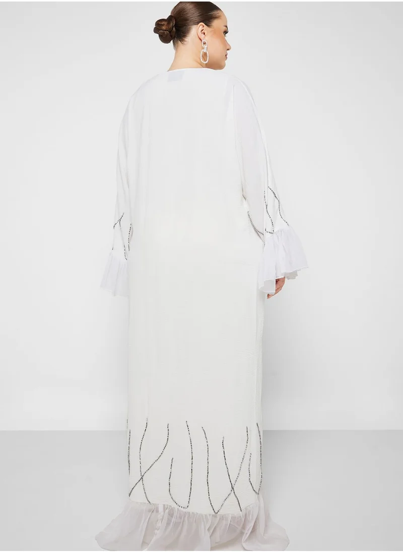 Hayas Closet Curve Ruffle Sleeve Embellished Abaya