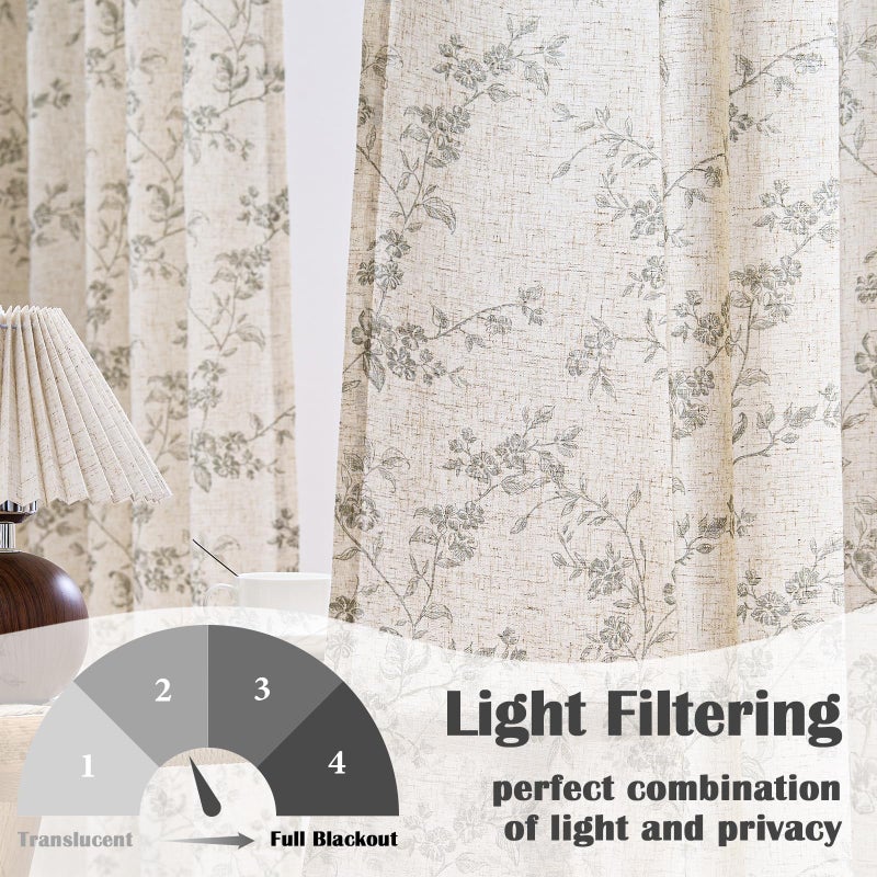 Lazzzy Linen Farmhouse Curtains Grey Floral Curtains 63 Inch Long Back Tab Drapes for Living Room Bedroom Light Filtering Country Vintage Rod Pocket Curtain, 2 Panels, Gray on Beige - Image 3