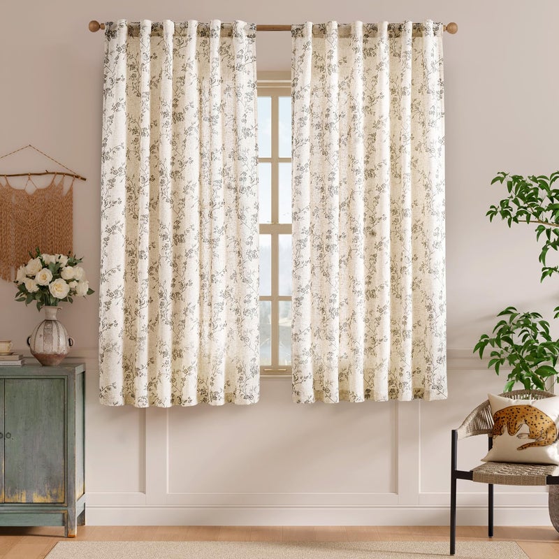 Lazzzy Linen Farmhouse Curtains Grey Floral Curtains 63 Inch Long Back Tab Drapes for Living Room Bedroom Light Filtering Country Vintage Rod Pocket Curtain, 2 Panels, Gray on Beige - Image 2