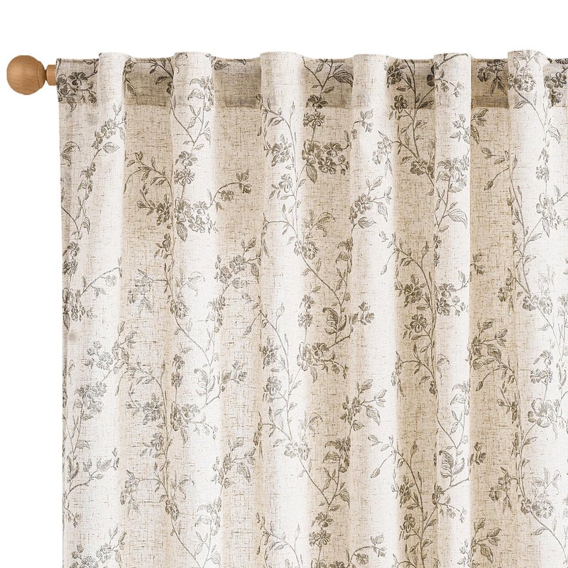 Lazzzy Linen Farmhouse Curtains Grey Floral Curtains 63 Inch Long Back Tab Drapes for Living Room Bedroom Light Filtering Country Vintage Rod Pocket Curtain, 2 Panels, Gray on Beige - Image 1